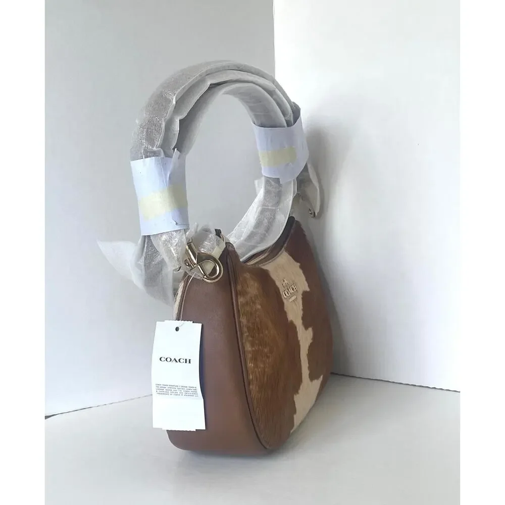 Coach Teri Shoulder Bag Haircalf Cow Print Brown Leather CDW45